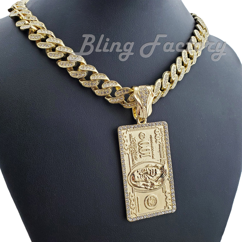 Gold Plated $100 Dollar Bill Benjamin pendant & 16" 18" 20" 24" Iced Box Lock Cuban Choker Chain Hip Hop Necklace