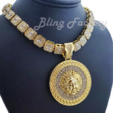 Gold Plated Medusa Medal Pendant & 12mm 16" 18" Full Iced Baguette Choker Chain Necklace