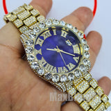 Men Hip Hop Iced Bling Gold PT Rapper's Big CZ Stone Blue Dial Metal Wrist Watch