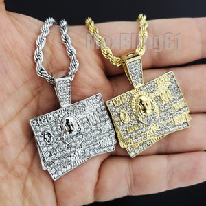 Hip Hop Jewelry $100 Hundred Dollar Bill Benjamin Money Pendant & 4mm 24