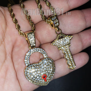 Iced Gold plated Alloy Simulated Diamond Heart Lock & Key Pendant w/ 24