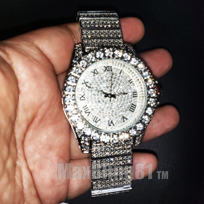 ICED HIP HOP SILVER PLATED SIMULATED DIAMOND WATCH & NECKLACE & BRACELET SET