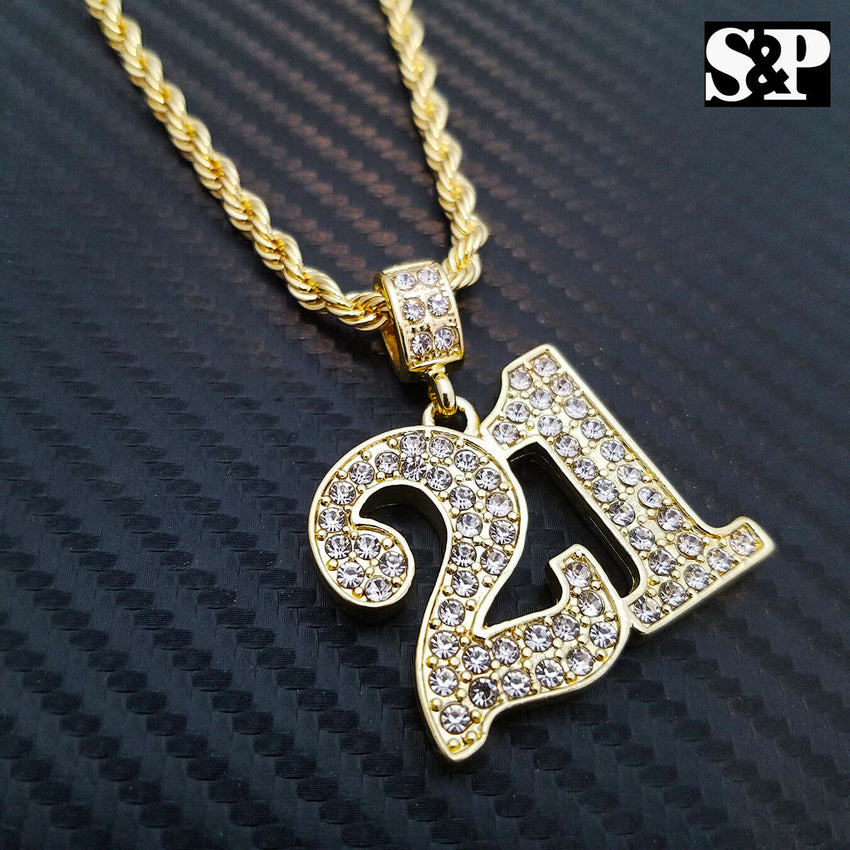 Iced Out Gold PT Hip Hop Savage 21 Pendant & 4mm 24" Rope Chain Hip Hop Necklace