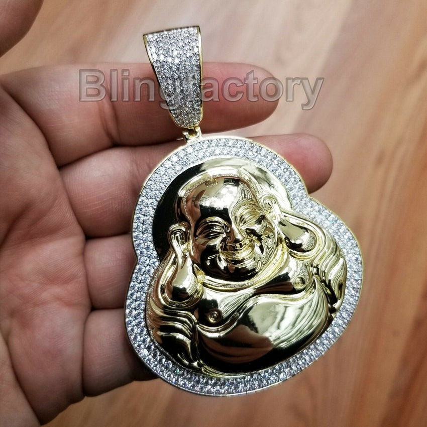 HIP HOP BLING ICED GOLD PT BRASS MICRO PAVE LARGE HAPPY BUDDHA PENDANT