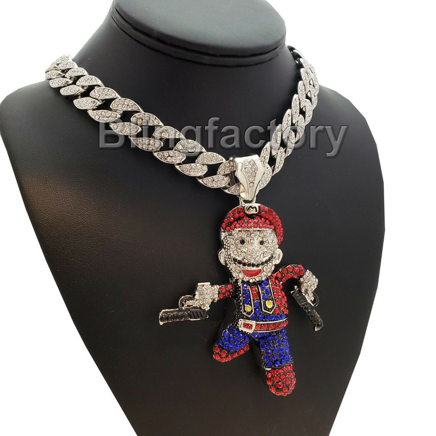 Hip Hop Large Mario Gun Man Pendant & 18" Iced Cuban Choker Chain Necklace