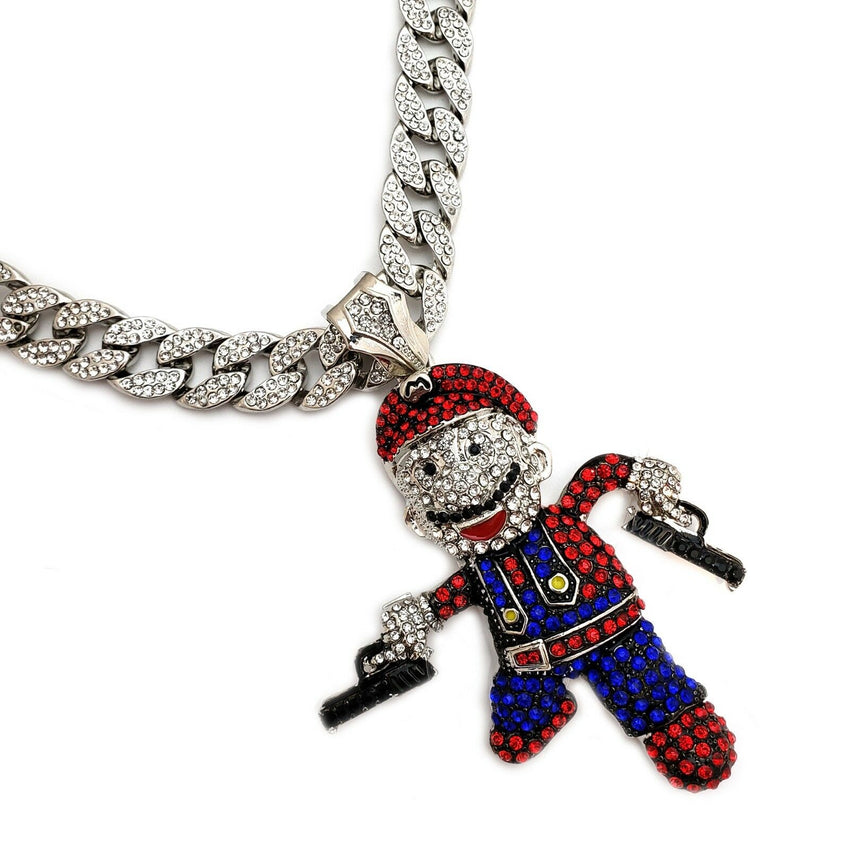 Hip Hop Large Mario Gun Man Pendant & 18" Iced Cuban Choker Chain Necklace