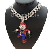 Hip Hop Large Mario Gun Man Pendant & 18" Iced Cuban Choker Chain Necklace