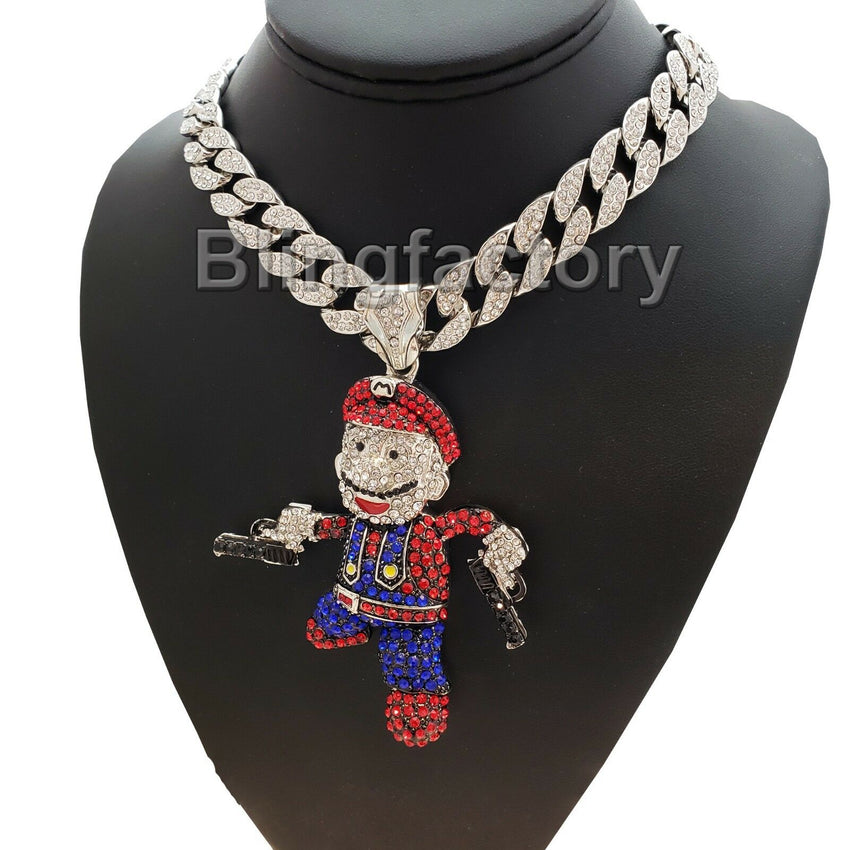 Hip Hop Large Mario Gun Man Pendant & 18" Iced Cuban Choker Chain Necklace