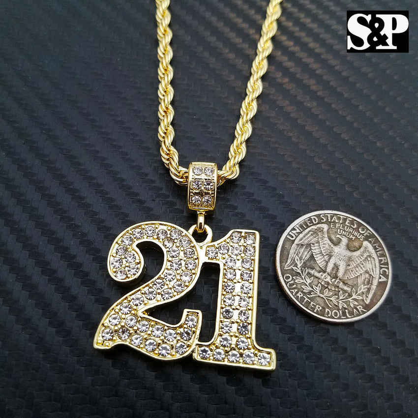 Iced Out Gold PT Hip Hop Savage 21 Pendant & 4mm 24" Rope Chain Hip Hop Necklace