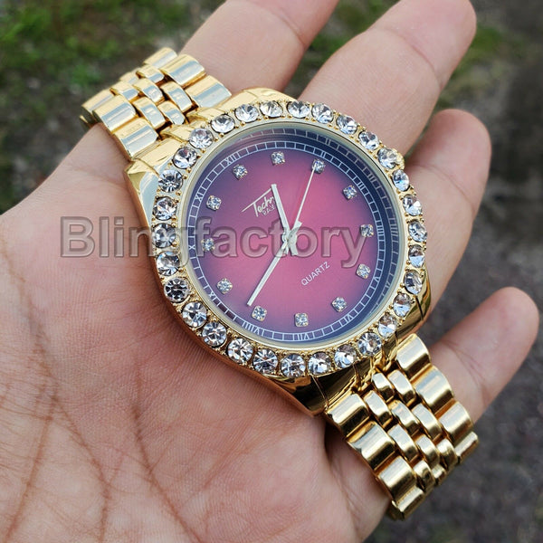 Iced out Hip Hop 6ix9ine Red Dial Lab Diamond Gold plated Metal clubbi