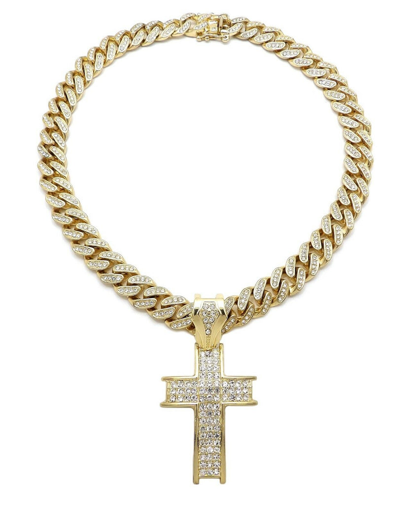 Hip Hop Cross Pendant & 12mm 18" Iced out Box Lock Cuban Choker Chain Necklace
