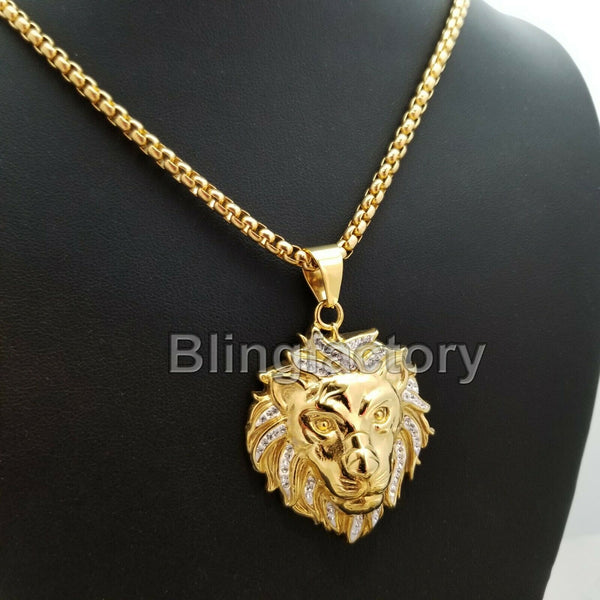 thumbnail image 2 of Gold Stainless Steel Lion Head Pendant With 30" Box Chain - 44g, 316L, R518 2 of 6