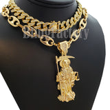 Saint Death Santa Muerte Pendant & 20" Marina Chain & 18" Iced Cuban Choker Chain Necklace Set