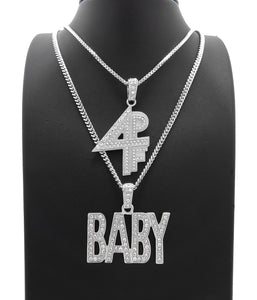 White Gold Plated Hip Hop Lil BABY & 4PF Pendant w/ 20