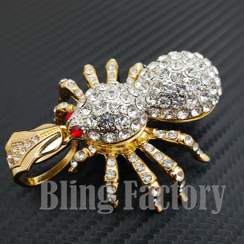 HIP HOP ICED OUT GOLD PLATED LAB DIAMOND RAPPER'S BLING LARGE SPIDER CHARM PENDANT