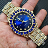 Men's Hip Hop Iced Blue Dial Gold PT Migos Bling BIG CZ Stone Wrist Watch