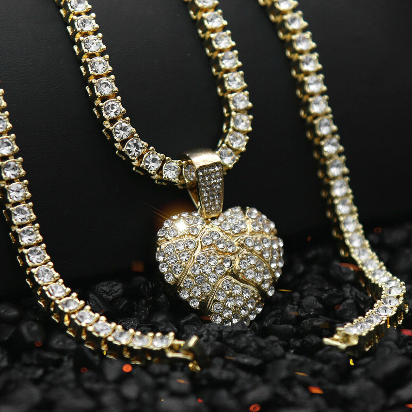 14k Gold Plated Hip Hop HEART Pendant & 4mm 18" 1 Row Tennis Choker Chain Necklace