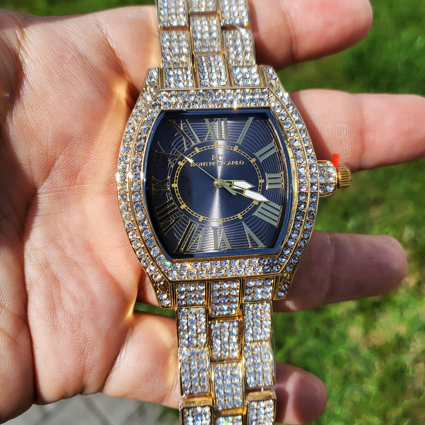 Hip Hop Gold Plated Metal Band Lab Diamond Watch #52842
