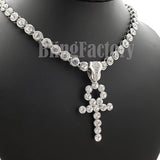 Hip Hop White Gold PT Ankh Cross Pendant & 7mm 20" Iced CZ Choker Chain Necklace