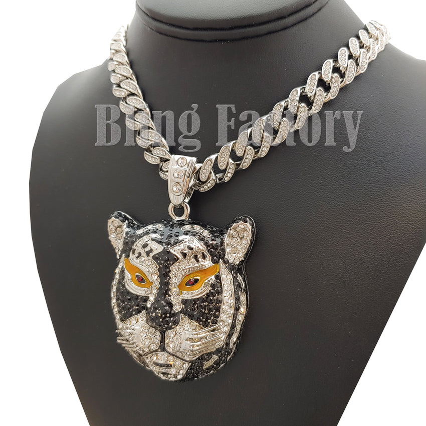 Hip Hop Silver PT Tiger Pendant & 18" Full Iced Cuban Choker Chain Necklace