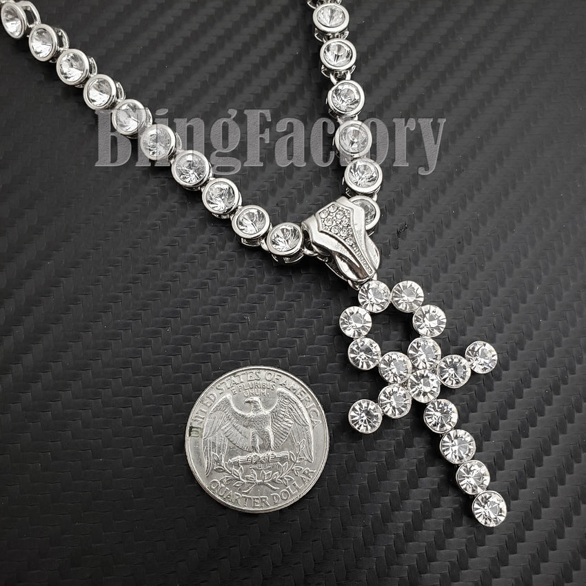 Hip Hop White Gold PT Ankh Cross Pendant & 7mm 20" Iced CZ Choker Chain Necklace