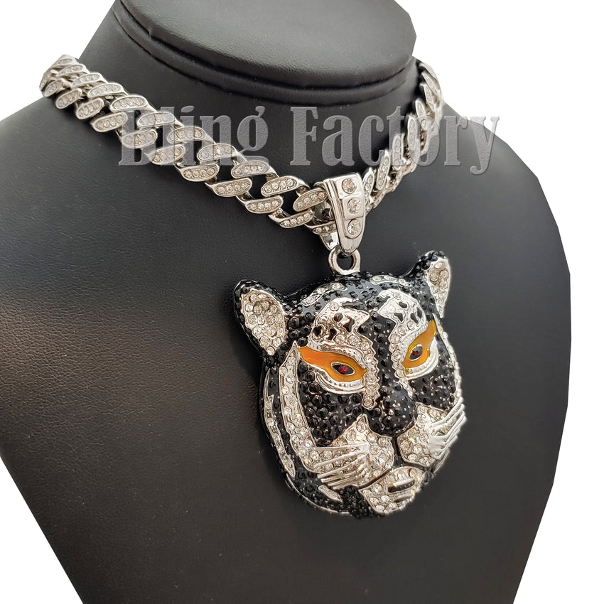 Hip Hop Silver PT Tiger Pendant & 18" Full Iced Cuban Choker Chain Necklace