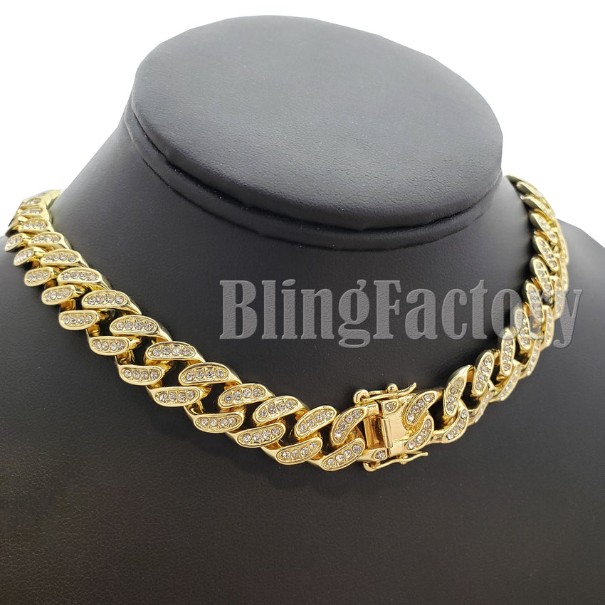 Gold Plated King Tut Pharaoh Pendant & 13mm 16" 18" 20" 24" Iced Cuban Box Lock Chain Hip Hop Necklace