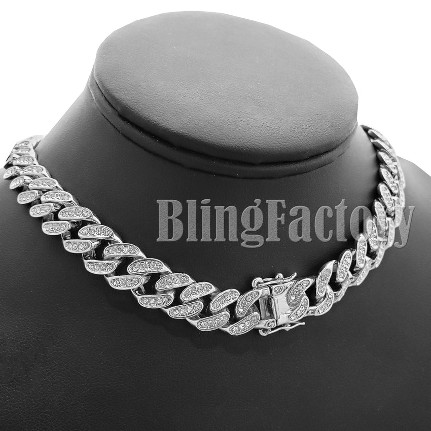 White Gold Plated King Tut Pharaoh Pendant & 13mm 16" 18" 20" 24" Iced Cuban Box Lock Chain Hip Hop Necklace