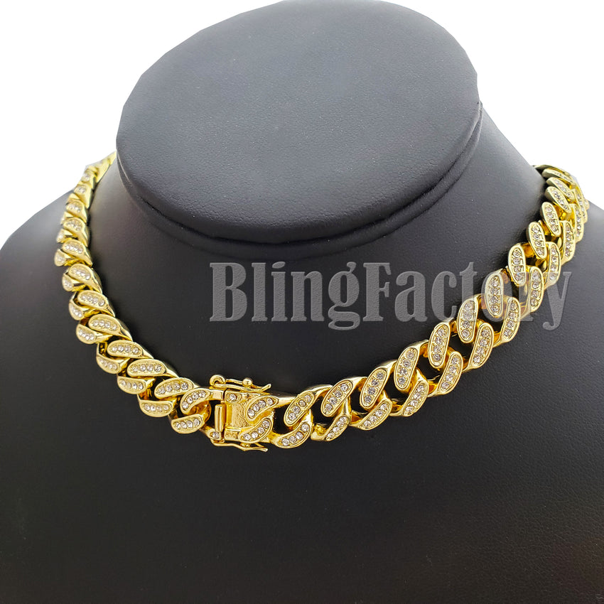 Gold Plated King Tut Pharaoh Pendant & 13mm 16" 18" 20" 24" Iced Cuban Box Lock Chain Hip Hop Necklace