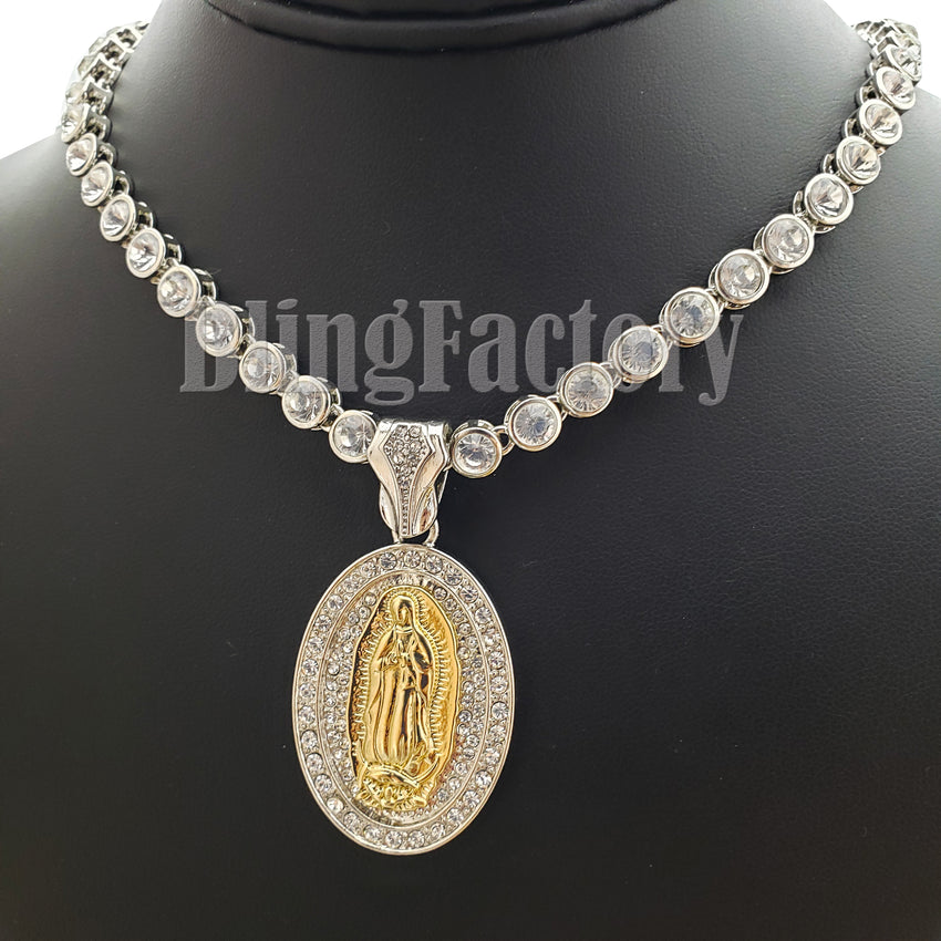 Hip Hop Guadalupe Mother Mary Pendant & 7mm 20" Iced CZ Choker Chain Necklace