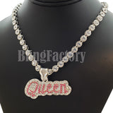 Women's Hip Hop White Gold PT Queen Pendant & 7mm 20" Iced CZ Choker Chain Necklace