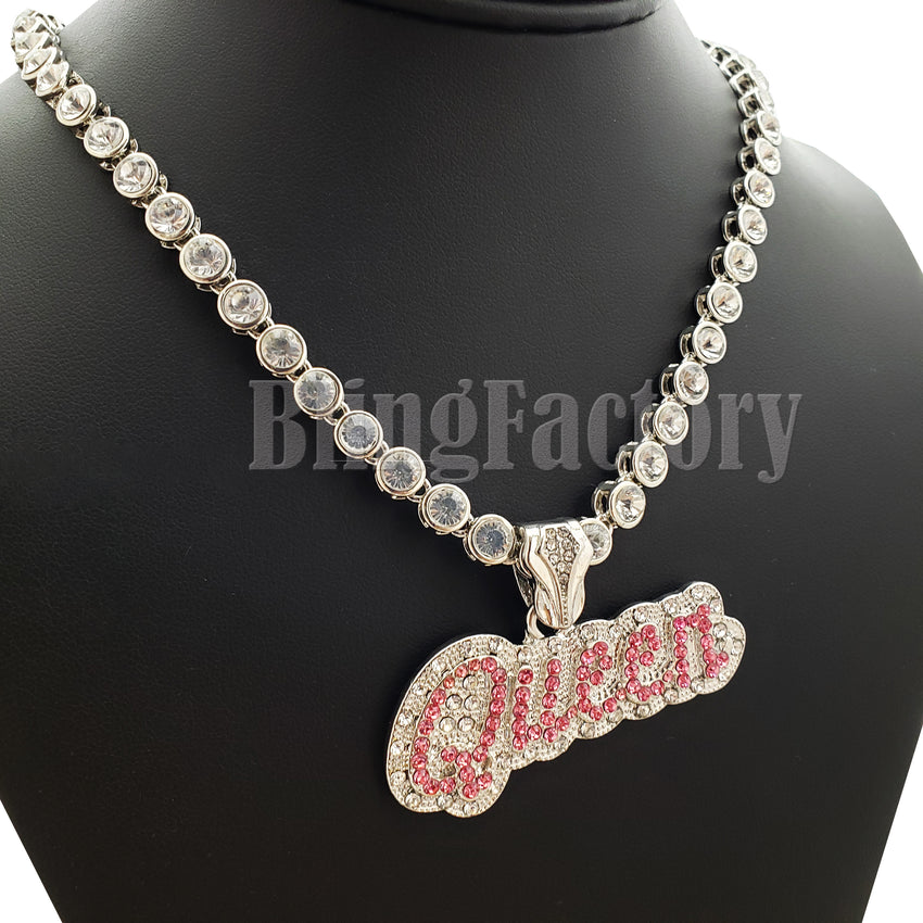 Women's Hip Hop White Gold PT Queen Pendant & 7mm 20" Iced CZ Choker Chain Necklace