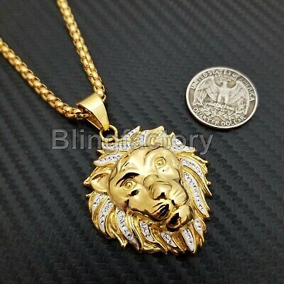 Stainless Steel Gold PT Lion Head Pendant & 3mm 24" Round Box Chain Necklace