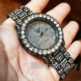 Men's Hip Hop Iced Rapper Bling BIG Simulated Diamond Black Metal Band Watch