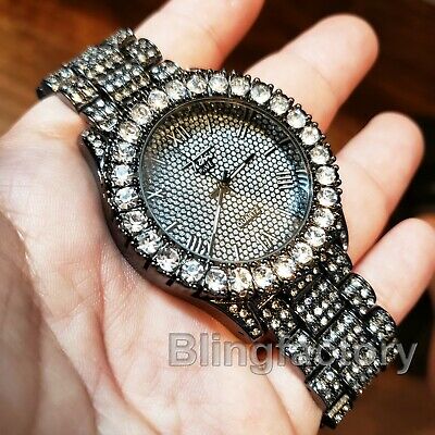 Men's Hip Hop Iced Rapper Bling BIG Simulated Diamond Black Metal Band Watch