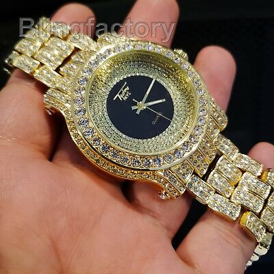 Men Hip Hop Iced out Gold Plated Bling Black Dial Lab Diamond Rapper Metal Watch