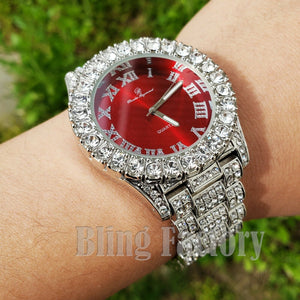 Men's Hip Hop Iced Red Dial White Gold PT Migos Bling BIG Simulated Diamond Watch