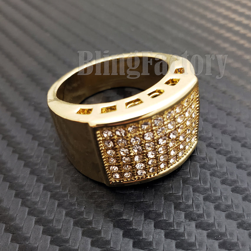 MENS ICED OUT HIP HOP LUXURY LAB DIAMOND RAPPER'S GOLD PLATED PINKY 8 ~ 12 RING