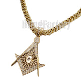Hip Hop Large Freemason Masonic pendant & 12mm 18" Full Iced Cuban Choker Chain Necklace