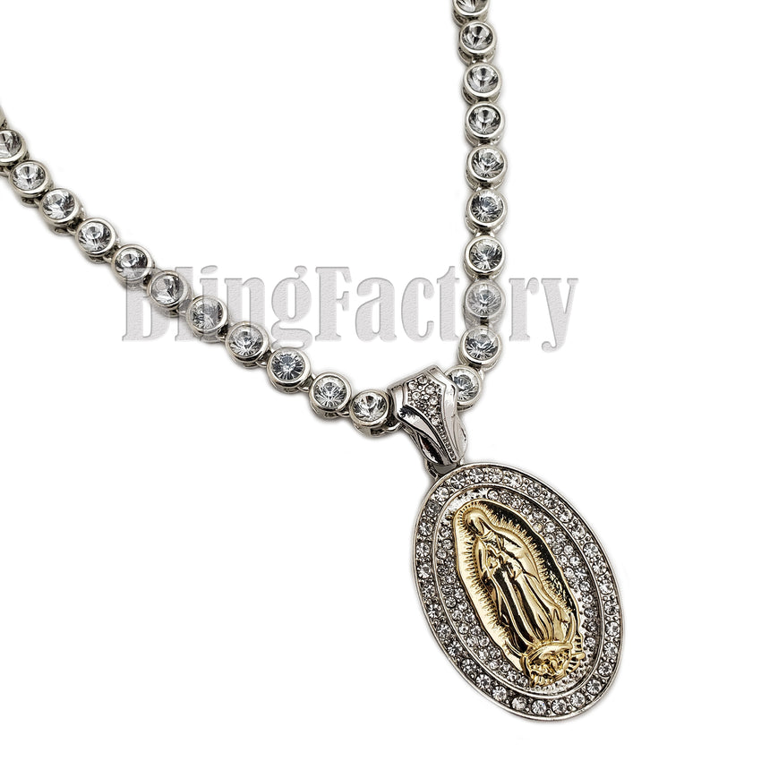 Hip Hop Guadalupe Mother Mary Pendant & 7mm 20" Iced CZ Choker Chain Necklace