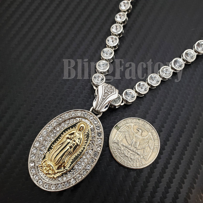 Hip Hop Guadalupe Mother Mary Pendant & 7mm 20" Iced CZ Choker Chain Necklace
