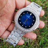 Men Luxury Urban Style Bling White Gold PT Blue Dial Lab Diamond Clubbing Watch