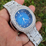 Men Luxury Urban Style Bling White Gold PT Blue Dial Lab Diamond Clubbing Watch