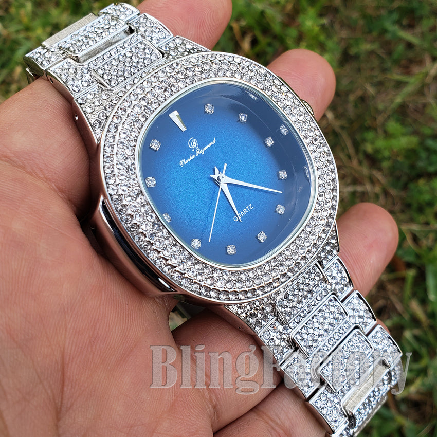 Men Luxury Urban Style Bling White Gold PT Blue Dial Lab Diamond Clubbing Watch