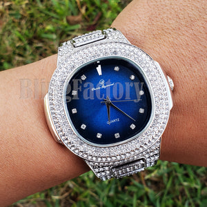 Men Luxury Urban Style Bling White Gold PT Blue Dial Lab Diamond Clubbing Watch