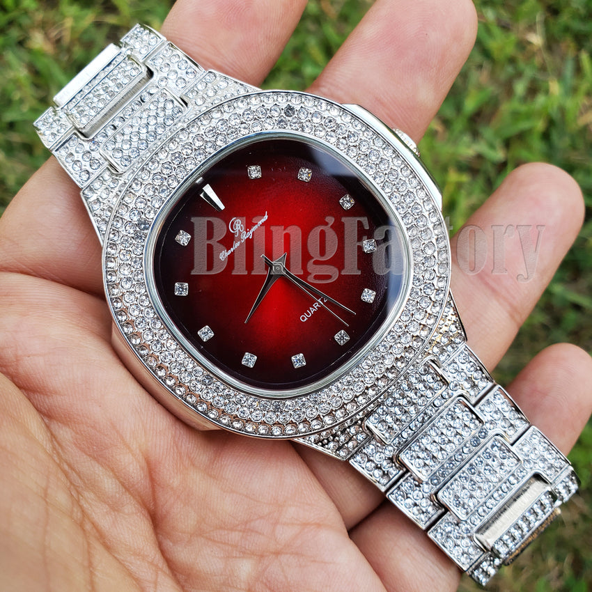 Men Luxury Urban Style Bling White Gold PT Red Dial Lab Diamond Clubbing Watch