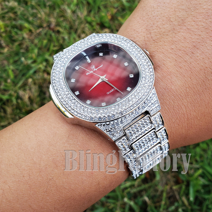 Men Luxury Urban Style Bling White Gold PT Red Dial Lab Diamond Clubbing Watch