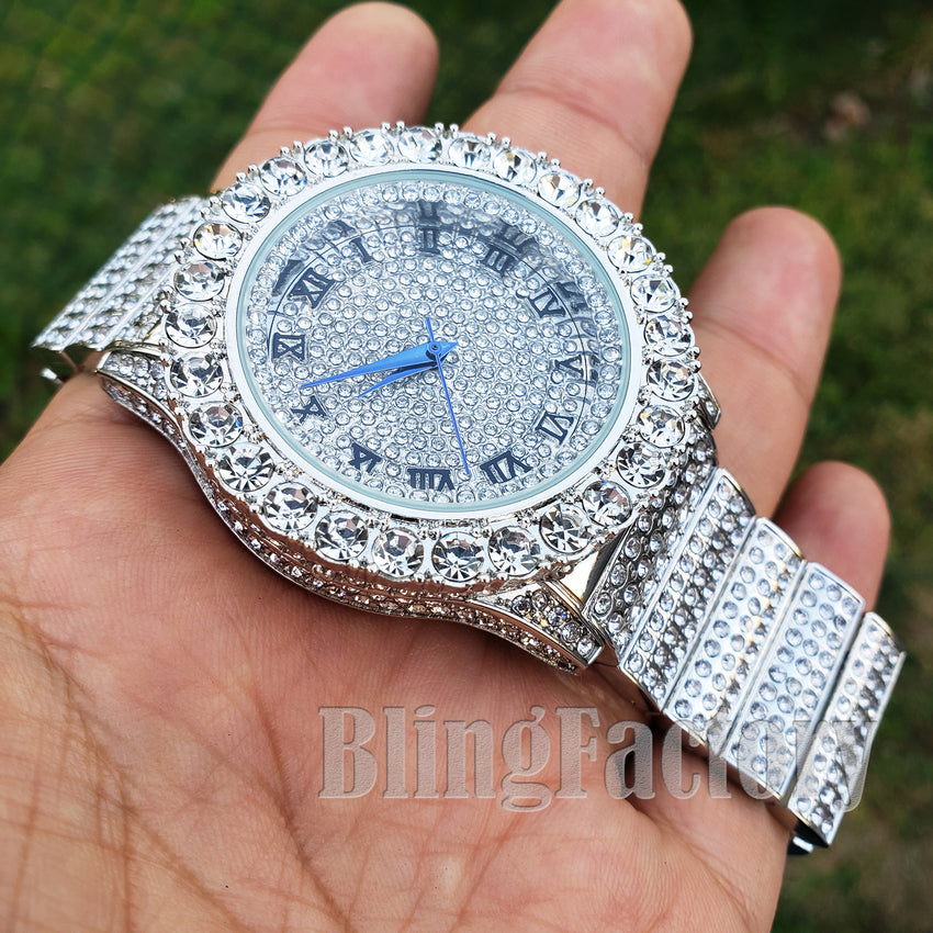 Men Hip Hop Iced Bling White Gold PT Rapper Lab Diamond Urban Metal Offset Watch