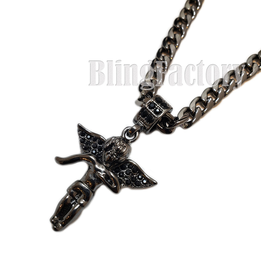 ICED BLING BABY ANGEL BLACK PENDANT & 5mm 24" CUBAN CHAIN HIP HOP NECKLACE