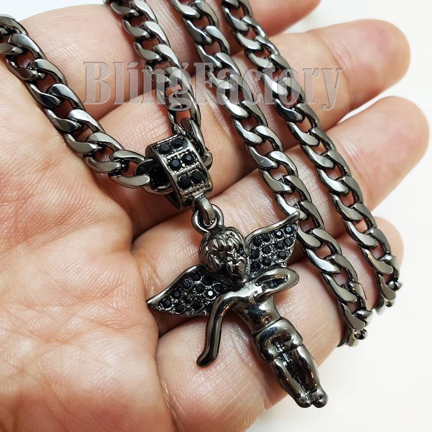 ICED BLING BABY ANGEL BLACK PENDANT & 5mm 24" CUBAN CHAIN HIP HOP NECKLACE